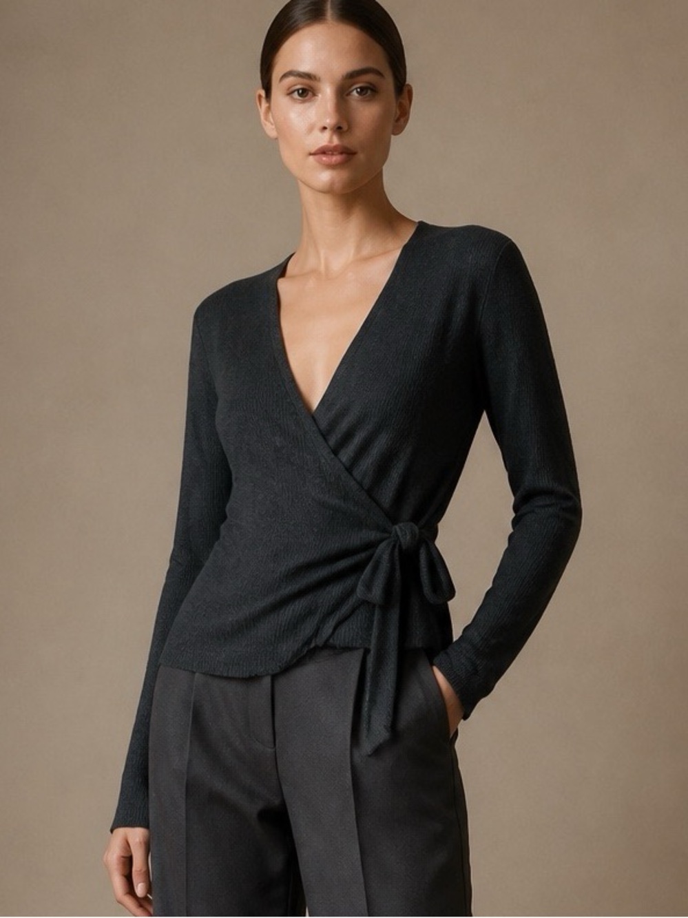 Rachel Rally Modal Blend Ribbed True Wrap Sweater Size M